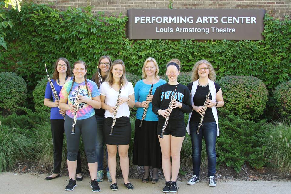 GVSU oboists in front of the Performing Arts Center